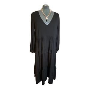 Rusttydustty Black Tiered Ruffle Maxi Dress V-Neck Long Sleeve Boho 1XL